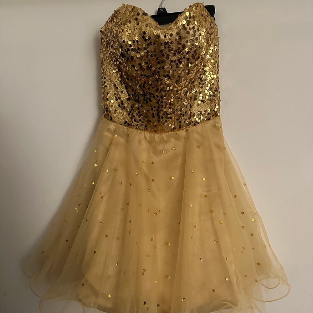 Gold sequin mini strapless dress
